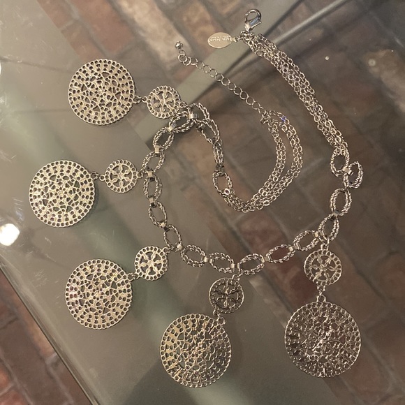 WHBM - silver tone bib necklace w 5 large & small rhinestone discs, multi chains - Picture 10 of 16